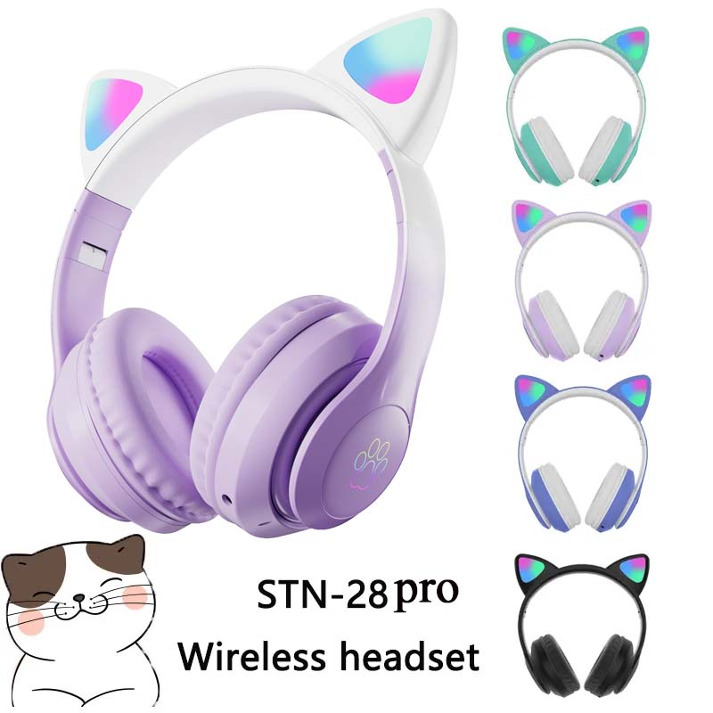 Cat Ear Bluetooth Headset Led - ใหม่ล่าสุด STN-28 ชุดหูฟังไร้สายหูแมว 5.0 หูฟังบลูทูธไฟ LED