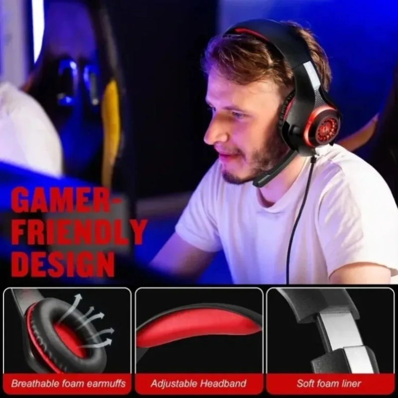Gaming Headset With Mic Rgb - หูฟังเกมมิ่งแบบมีสาย ครอบหู พร้อมไมโครโฟนตัดเสียงรบกวน ไฟ RGB เสียงเซอร์ราวด์