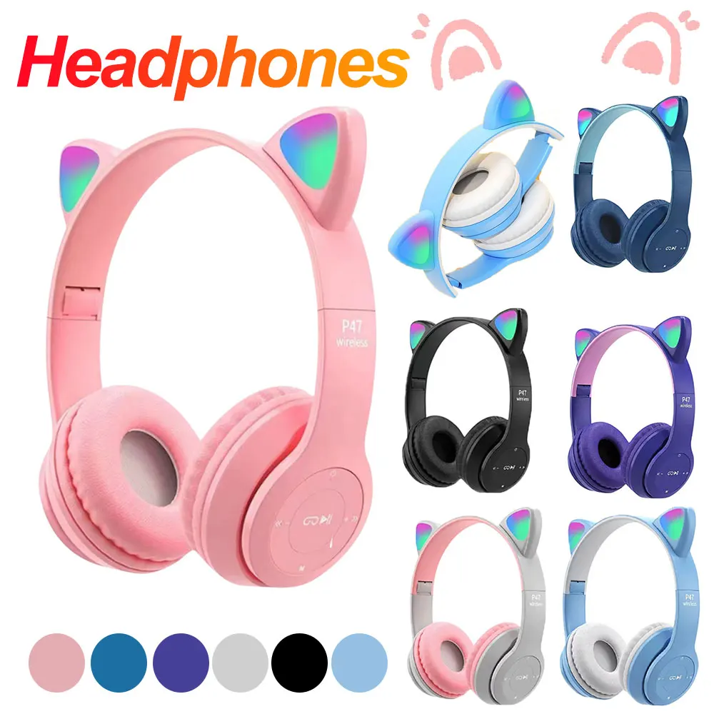 Cat Ear Bluetooth Headset Led - หูฟังบลูทูธไร้สายแบบมีไฟ LED รูปหูแมวน่ารัก พร้อมไมโครโฟน รุ่น P47M