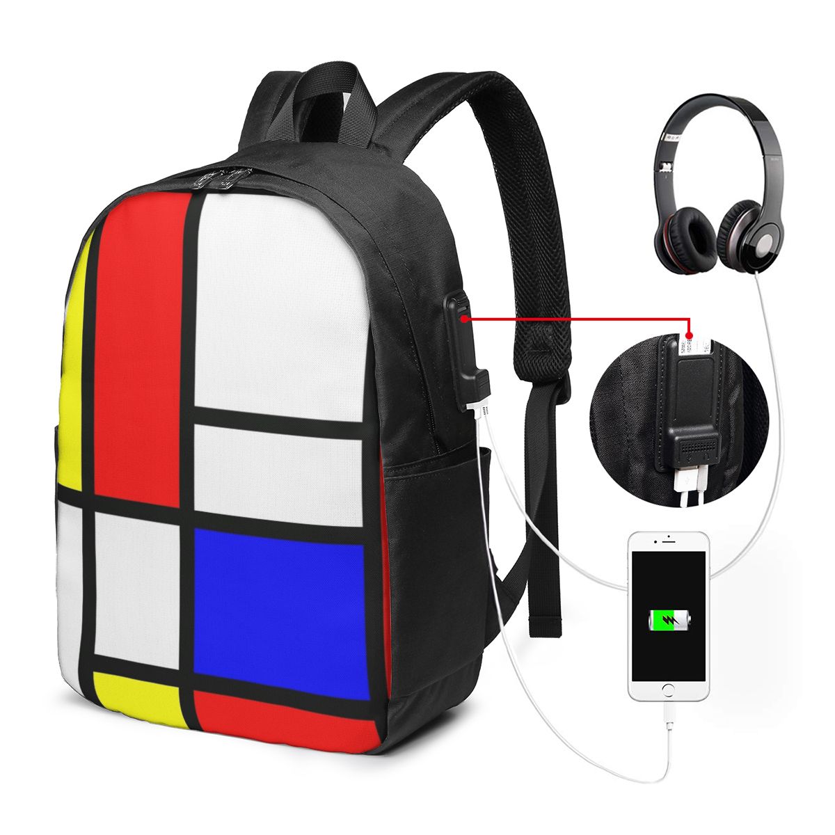 Laptops - พีเอ็ต มอนดริแอน คอมโพซิชั่นกระเป๋าเป้สะพายหลังกระเป๋าใส่โน๊ตบุ๊คสำหรับเดินทางคอมพิวเตอร์กระเป๋านักเรียนนักศึกษากระเป๋าสะพายแล็ปท็อปสำหรับผู้ชายผู้หญิง