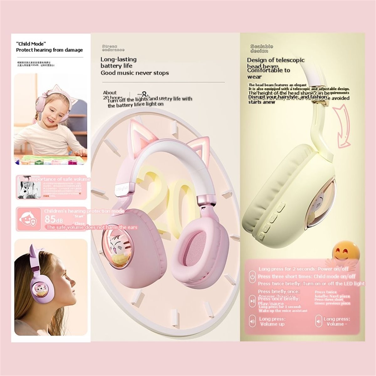 Cat Ear Bluetooth Headset Led - [VALUE PACK]ชุดหูฟังไร้สายบลูทูธ 5.3 หูฟังรูปหูแมวน่ารักสำหรับเด็กผู้หญิงหูฟังรูปหูแมวแบบพับได้ของขวัญวันเกิดพร้อมไฟ LED C