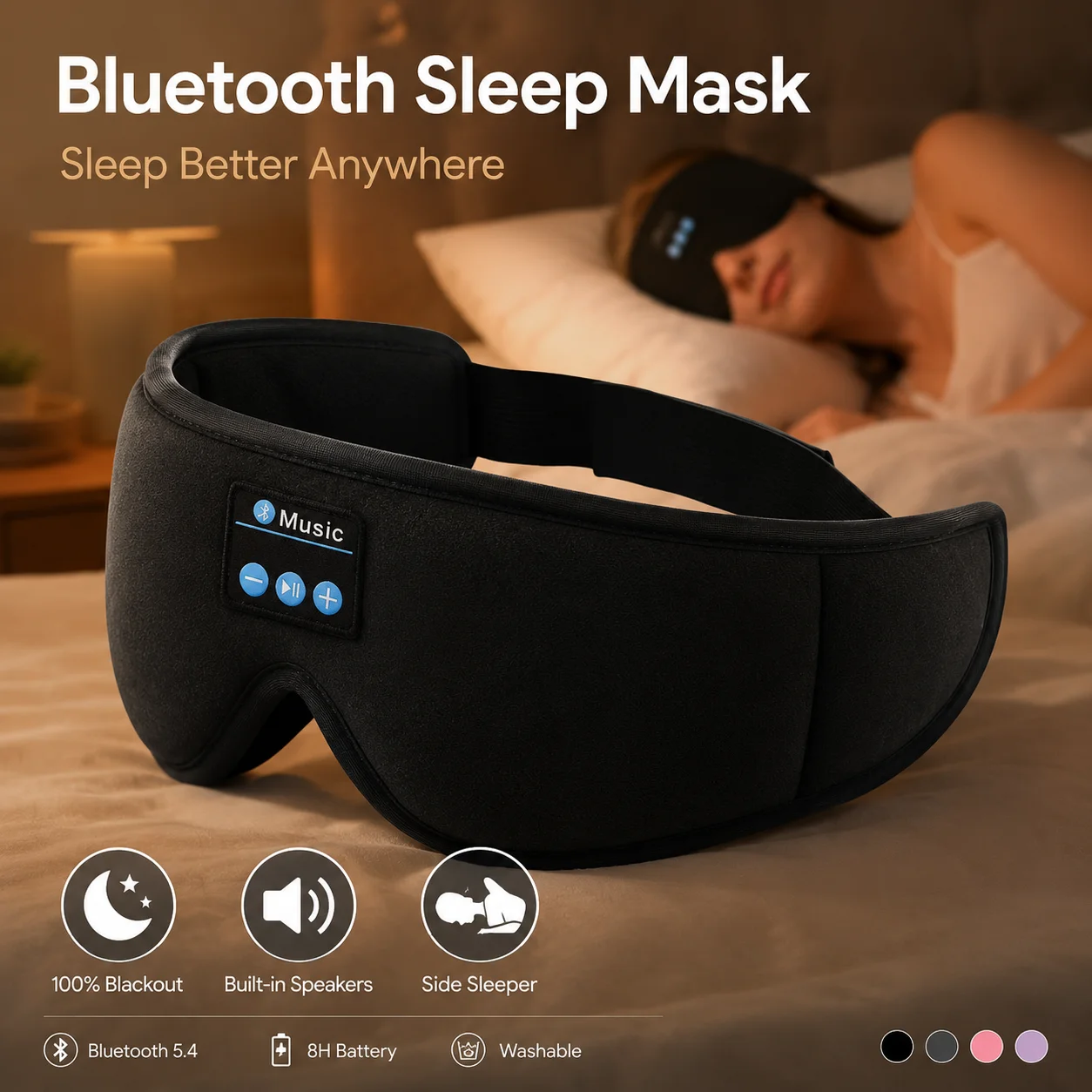 Sleep Mask Headphones Bluetooth - หน้ากากปิดตาสำหรับนอนหลับแบบไร้สายพร้อมหูฟังในตัว, หน้ากากปิดตา 3D ป้องกันแสงพร้อมไมโครโฟนสำหรับผู้ที่นอนตะแคง รองรับบลูทูธ 5.0