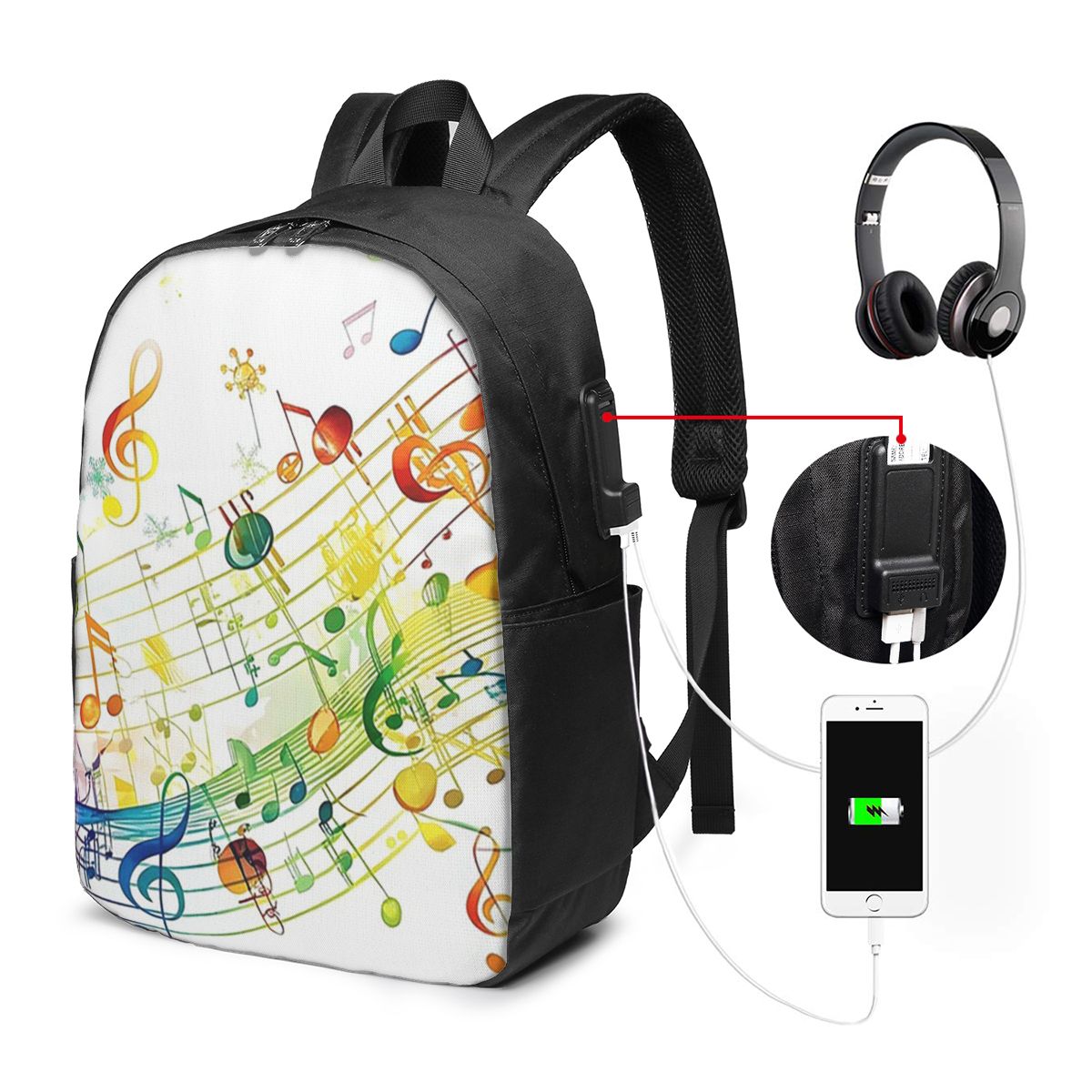 Laptops - กระเป๋าเป้สะพายหลังลายคีย์เปียโนพร้อมโน้ตดนตรี กระเป๋าใส่โน้ตบุ๊คสำหรับเดินทาง กระเป๋าใส่คอมพิวเตอร์สำหรับนักศึกษา กระเป๋านักเรียน กระเป๋าใส่แล็ปท็อป กระเป๋าสะพายไหล่