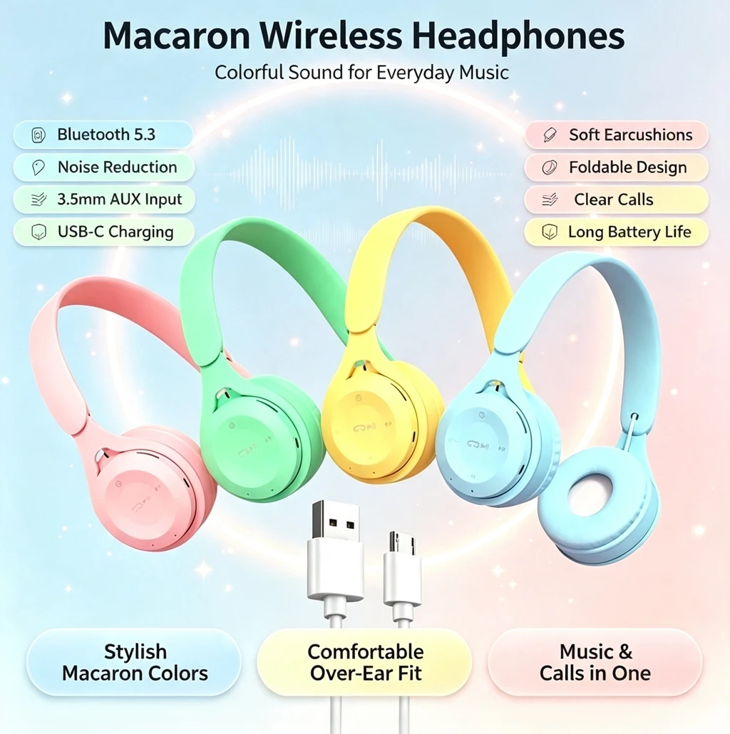 Anc Wireless Over Ear Headphones - หูฟังบลูทูธ 5.0 แบบพับได้ สีมาการอง ชุดหูฟังสเตอริโอไร้สายพร้อมไมโครโฟน หูฟังเพลงลดเสียงรบกวน