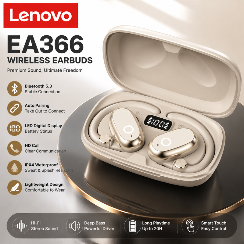 Anc Wireless Over Ear Headphones - หูฟังบลูทูธไร้สาย Lenovo EA366 พร้อมไมโครโฟนในตัว พอร์ตชาร์จ ป้องกันเสียงรบกวน
