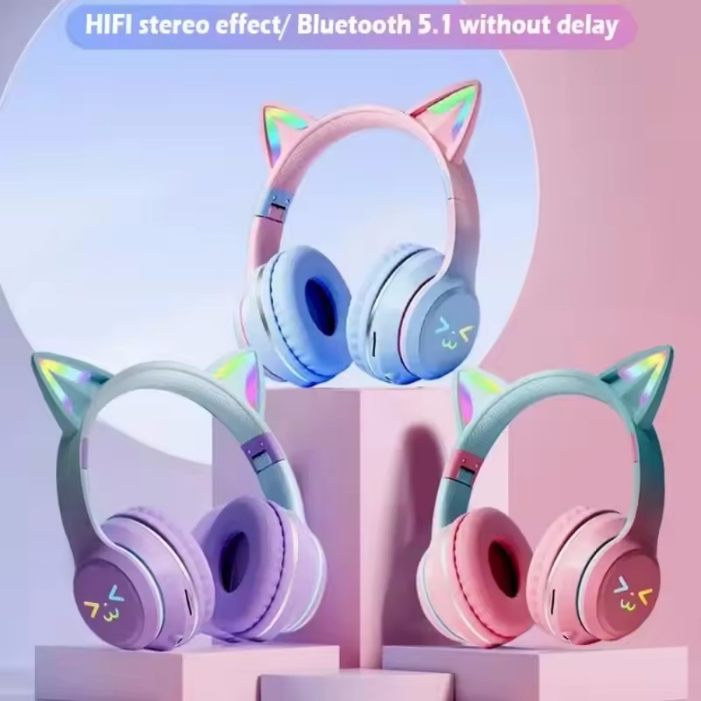 Type C Wired Earphones With Mic - หูฟังไร้สายแบบไล่เฉดสี RGB หูฟังบลูทูธรูปหูแมวน่ารัก พร้อมไมโครโฟน หูฟังสเตอริโอสำหรับฟังเพลง เล่นเกม
