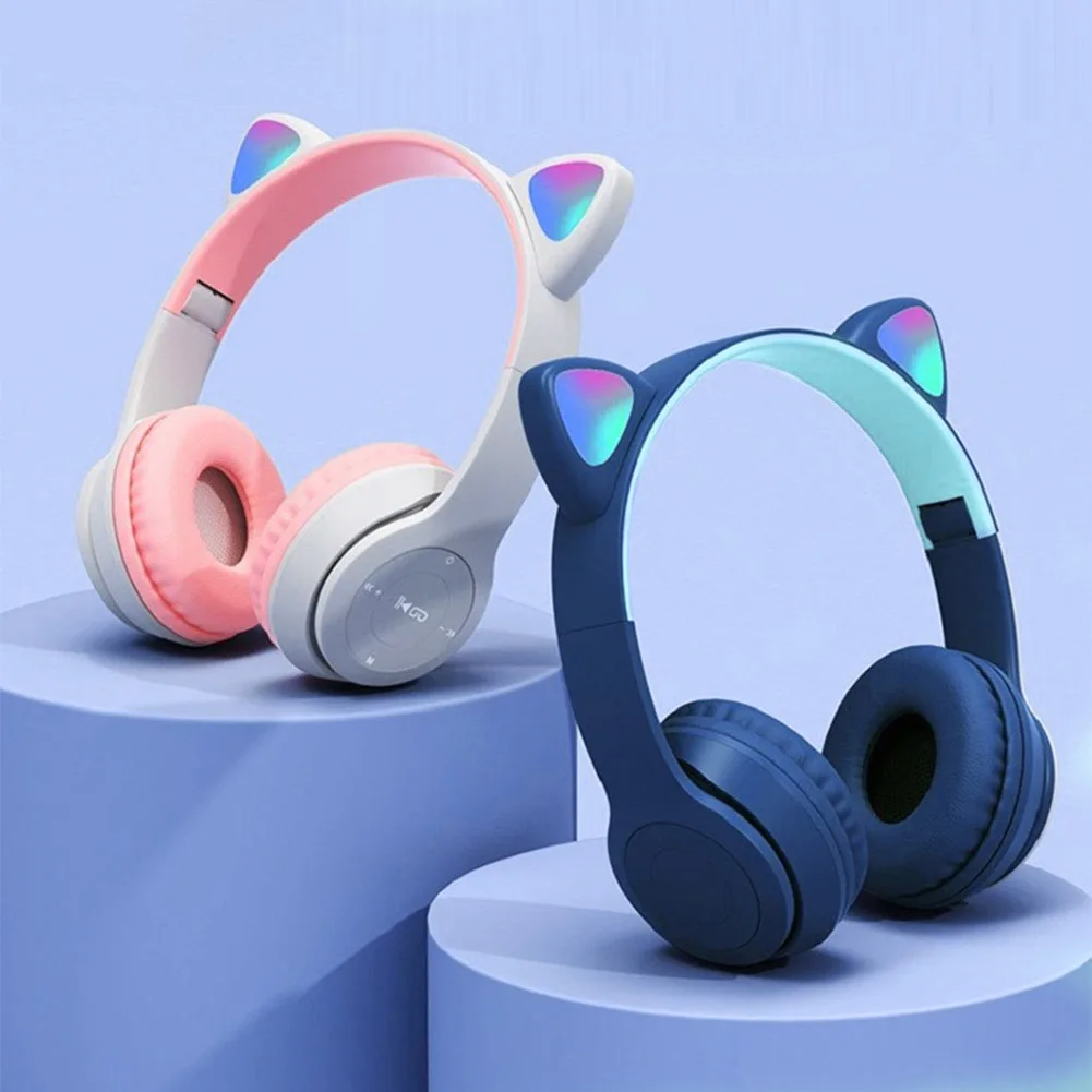 Cat Ear Bluetooth Headset Led - หูฟังไร้สายรูปหูแมวน่ารักพร้อมไฟ LED RGB สำหรับเด็ก หูฟังบลูทูธสเตอริโอสำหรับฟังเพลงบนมือถือและเล่นเกมบนคอมพิวเตอร์