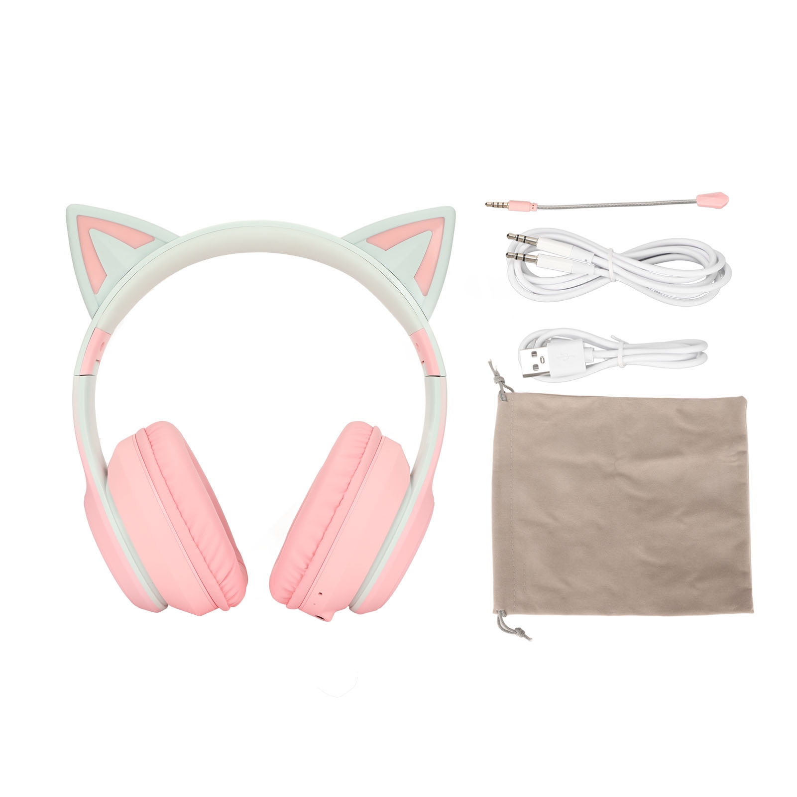 Cat Ear Bluetooth Headset Led - หูฟังบลูทูธสำหรับเล่นเกมรูปหูแมว หูฟังไร้สายแบบพับได้พร้อมไฟ LED ไมโครโฟนแบบถอดได้ สายเคเบิลขนาด 3.5