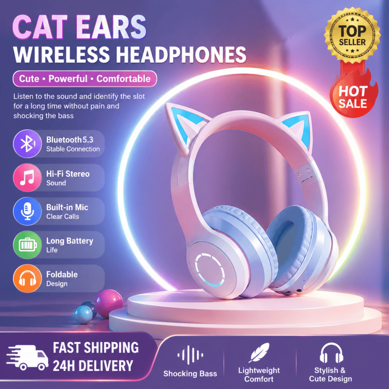 Cat Ear Bluetooth Headset Led - หูฟังบลูทูธแบบครอบหู RGB รุ่นใหม่ขายดีที่สุด ไฟ LED สีไล่ระดับ