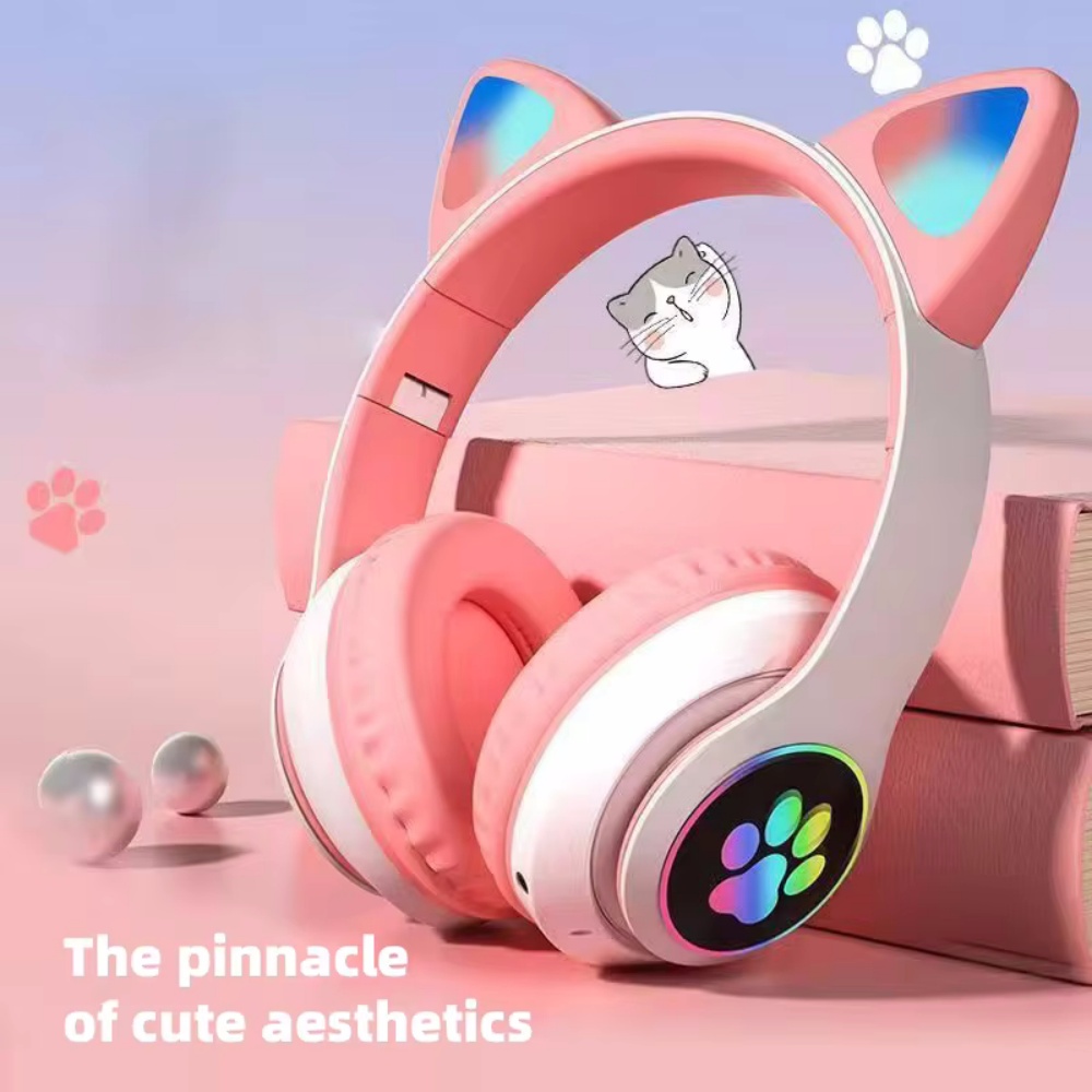 Cat Ear Bluetooth Headset Led - ชุดหูฟังไร้สายหูแมวน่ารักสำหรับเด็กผู้หญิง LED บลูทูธสเตอริโอแบบพับได้ชุดหูฟังกีฬาพร้อมไมโครโฟน