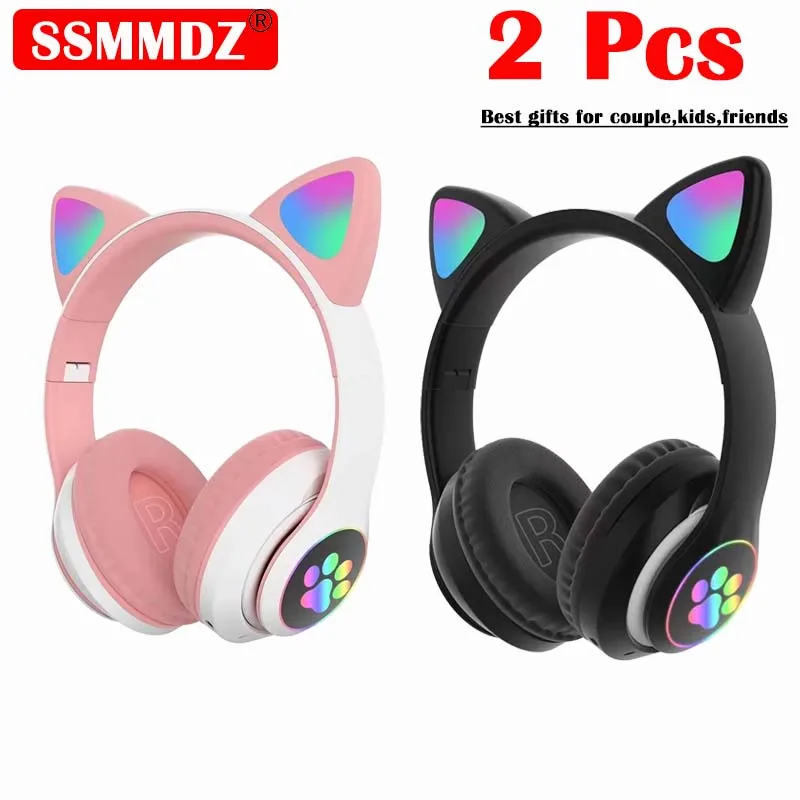 Cat Ear Bluetooth Headset Led - 2 ชิ้นชุดหูฟังไร้สายบลูทูธหูฟังเพลงไล่ระดับสีไฟ LED กระพริบหูแม่วยูนิคอร์นหูฟังพร้อมไมโครโฟนของขวัญสำหรับเด็ก