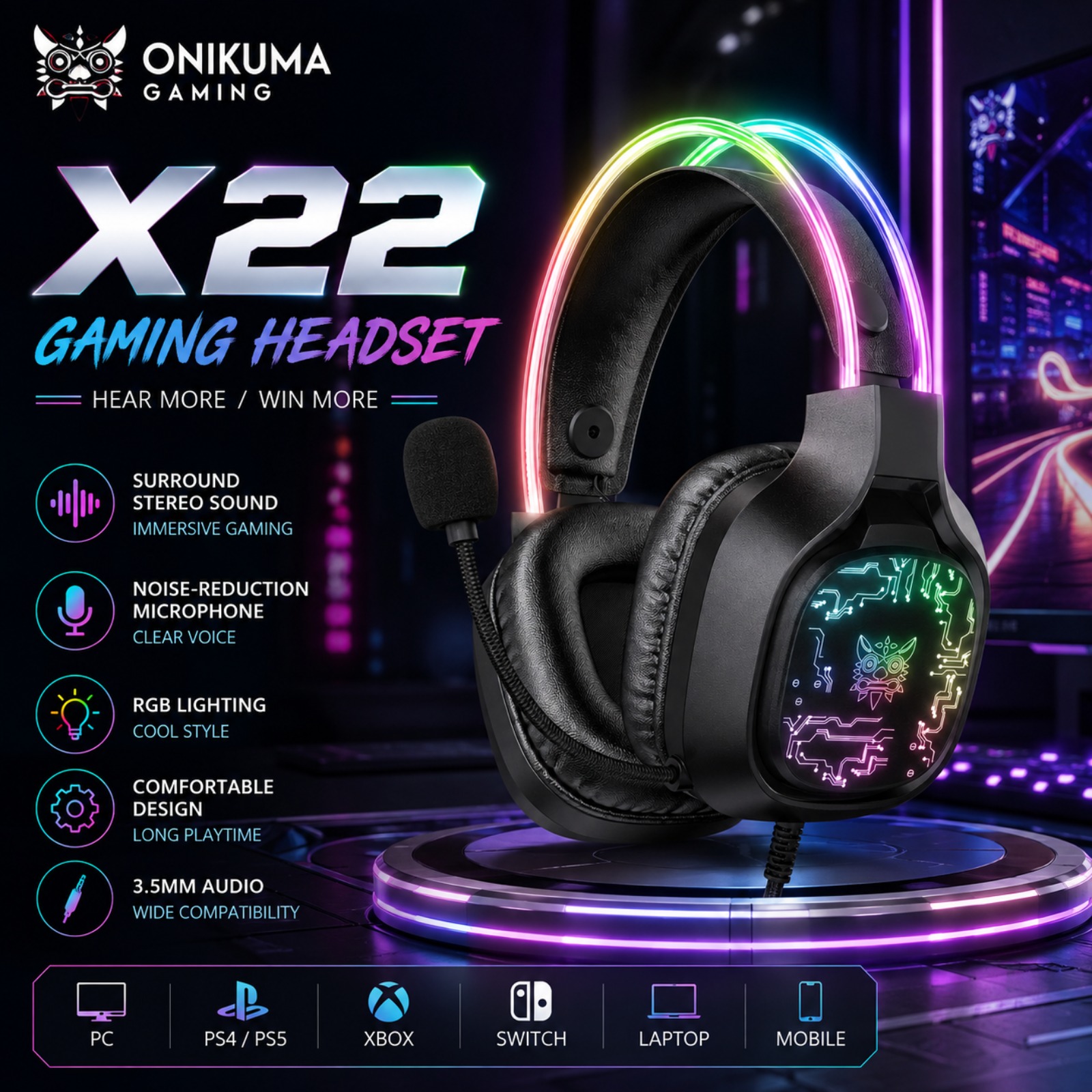 Gaming Headset With Mic Rgb - หูฟังเกมมิ่งแบบมีสาย ONIKUMA X22 RGB ไดรเวอร์ 50