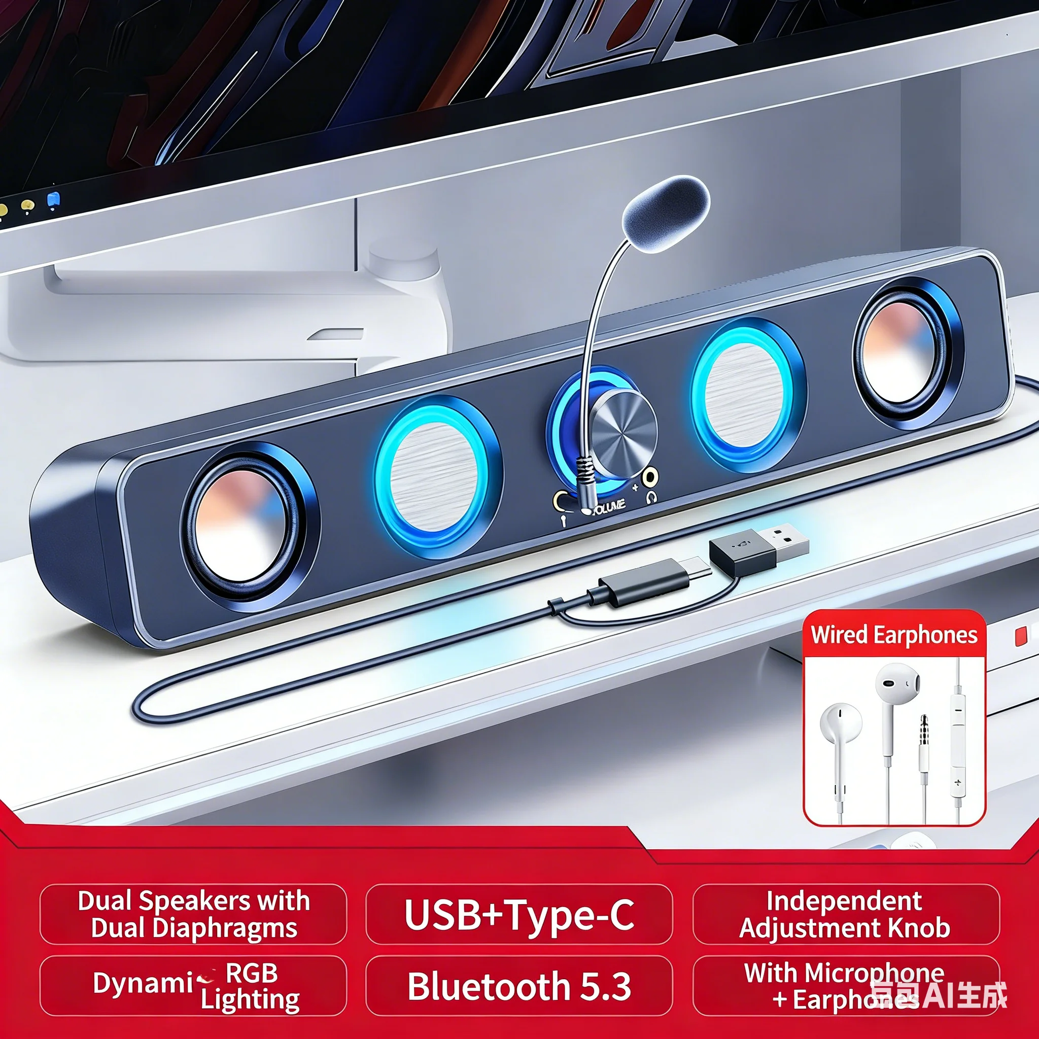 Rgb Computer Soundbar For Pc - ระบบลำโพงโฮมเธียเตอร์ ซาวด์บาร์ RGB สำหรับเดสก์ท็อป พร้อมไมโครโฟน ลำโพงคู่