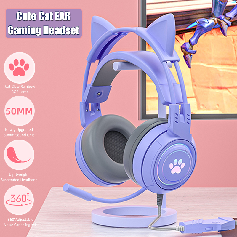Gaming Headset With Mic Rgb - ชุดหูฟังสำหรับเด็กผู้หญิงสีชมพู, Headphone GAMING หูแมวน่ารักพร้อมไมค์ลดเสียงรบกวน RGB อุปกรณ์เสริมสำหรับ