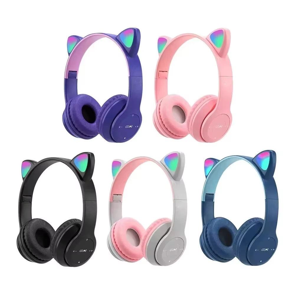 Cat Ear Bluetooth Headset Led - หูฟังเกมมิ่งไร้สายสำหรับเด็ก รุ่น P47M พร้อมไฟแฟลช หูแมวน่ารัก มีไมโครโฟน