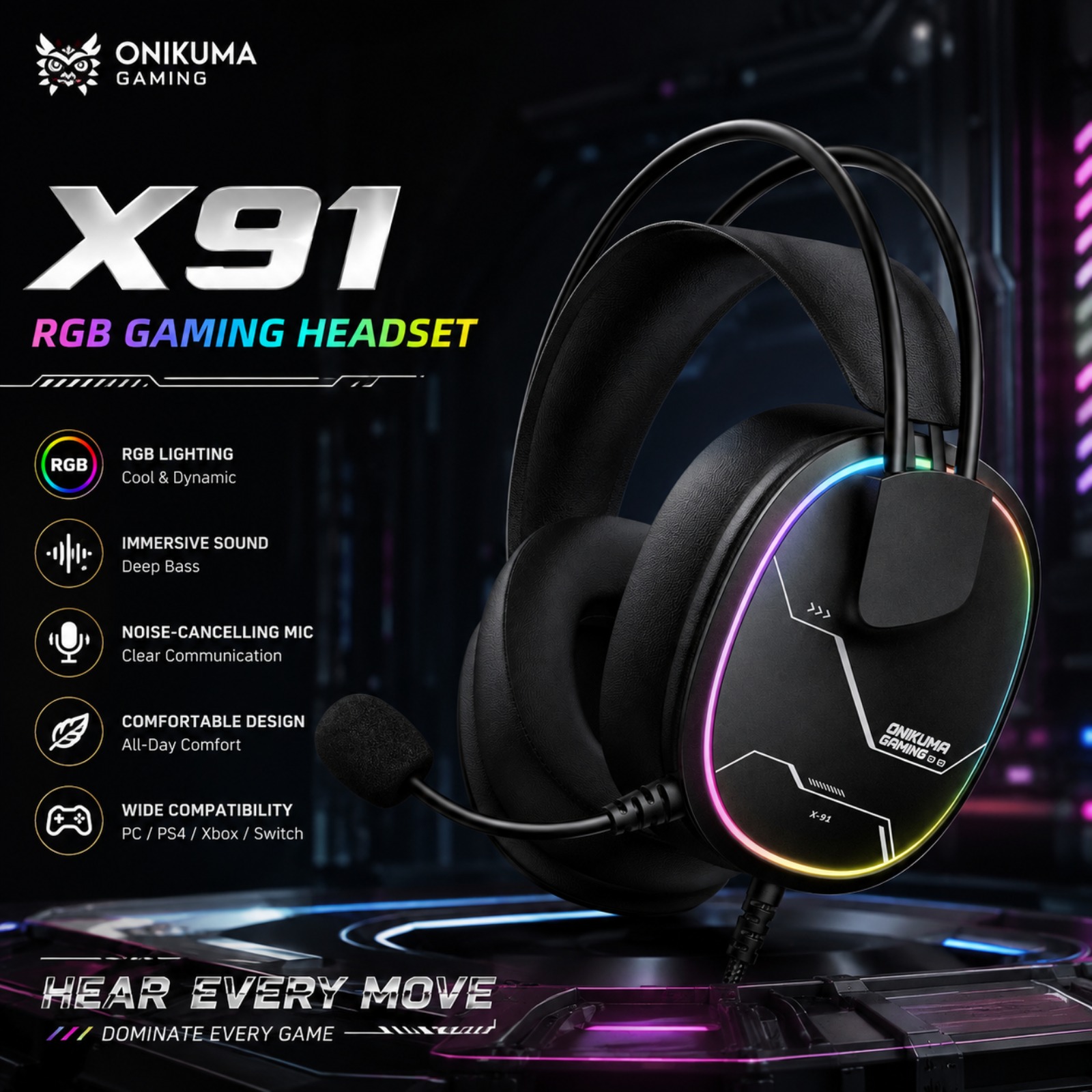 Gaming Headset With Mic Rgb - หูฟังเกมมิ่งแบบมีสาย ONIKUMA X91 RGB พร้อมไดรเวอร์ 50